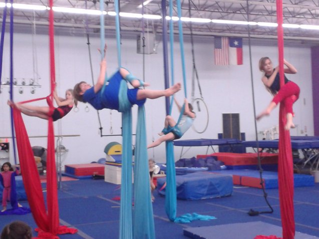 Advanced circus class at the Lone Star Circus, in the Palestra. 